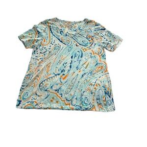 Chicos V-neck Short Sleeve blue & orange paisley design Size M (Chicos size1)